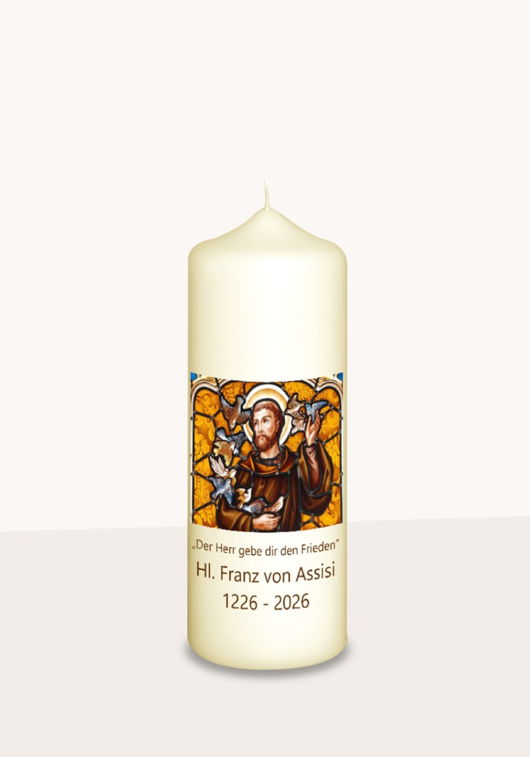 Franz von Assisi - Motivkerze "800 Jahre" mit Vögeln 3430