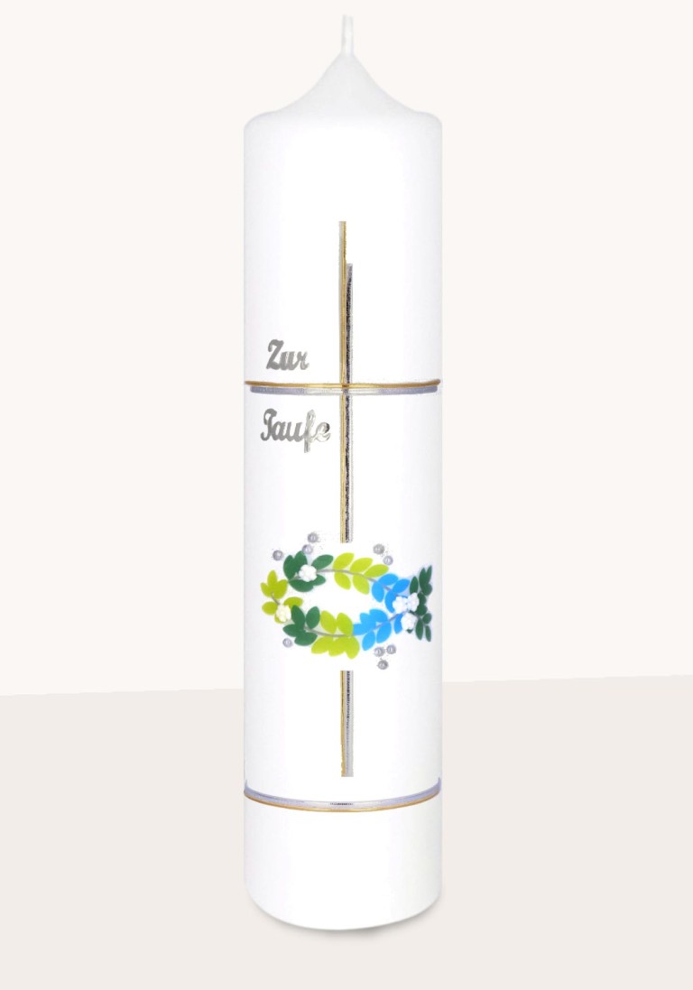 Taufkerze "Fisch aus Blättern mit Wachskreuz & Schriftzug"