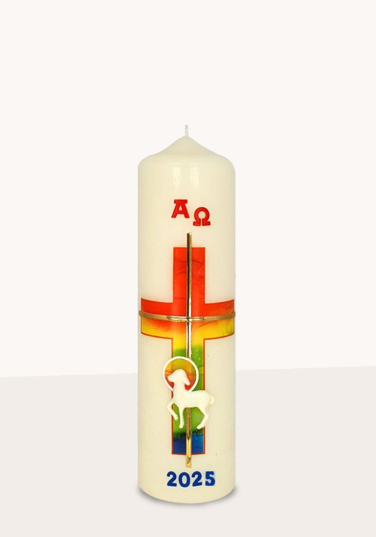 Ostertischkerze "Regenbogenkreuz, Lamm"