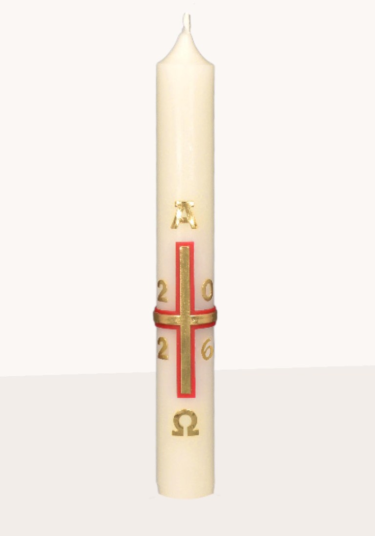 Ostertischkerze "Kreuz rot/gold schmal" 375