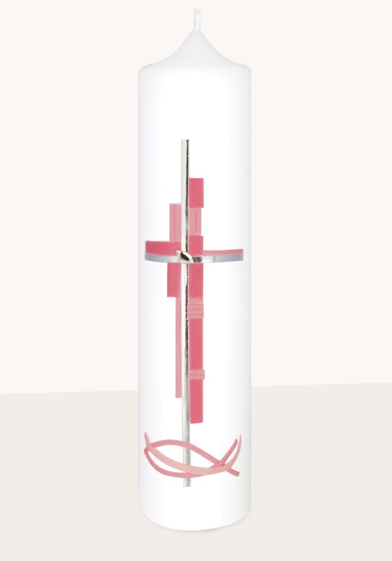 Taufkerze "Rosa-silbernes Wachskreuz mit Fisch"