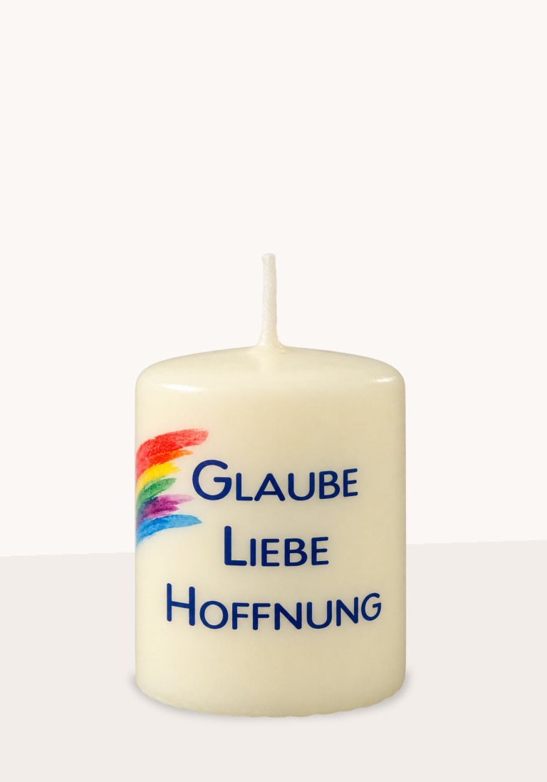 Set/4 Stück Geschenkkerze "Glaube-Liebe-Hoffnung mit Regenbogen"