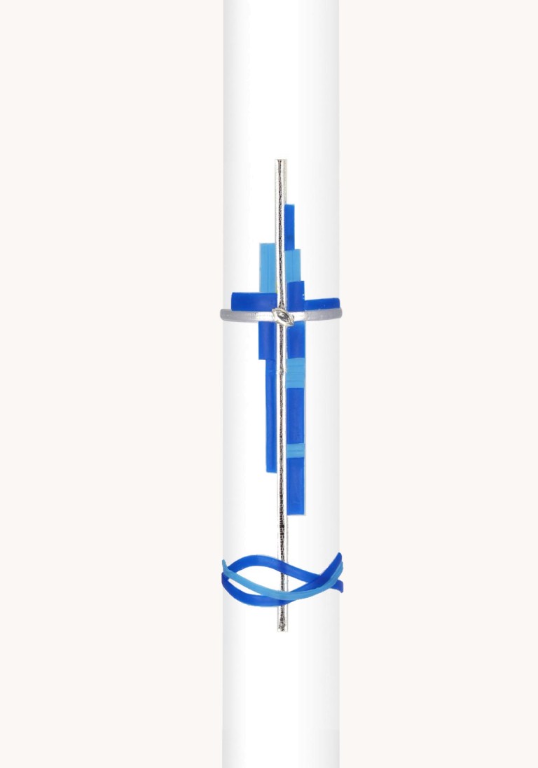 Kommunionkerze "Blau-silbernes Wachskreuz mit Fisch"