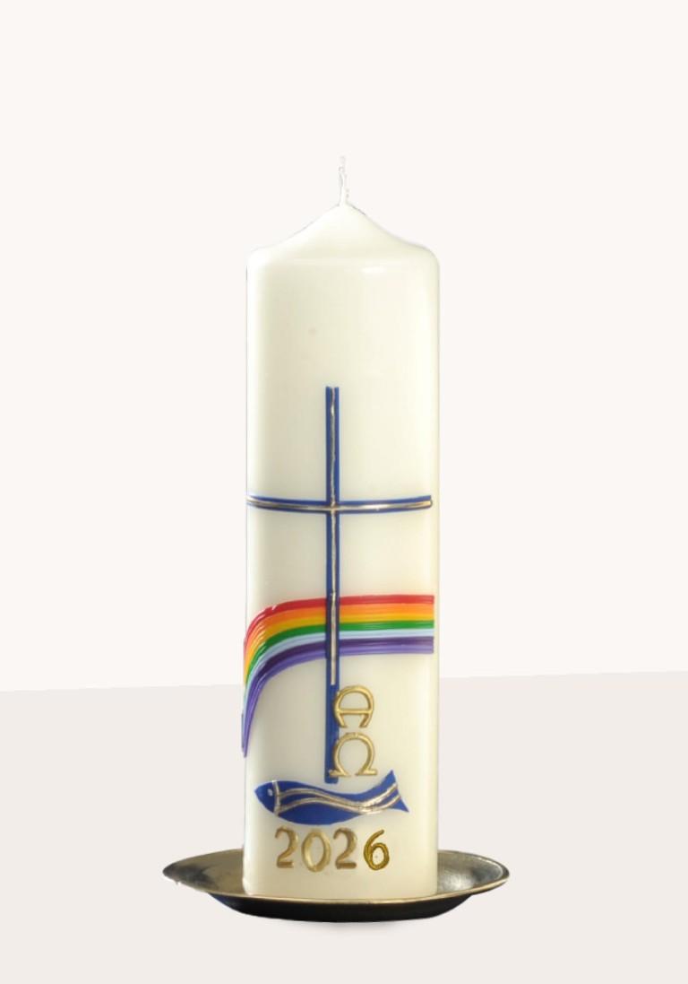 Ostertischkerze "Kreuz, Regenbogen, Fisch" 3336