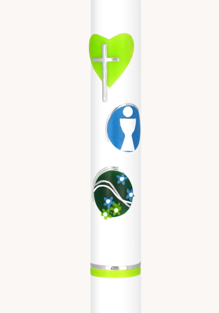 Kommunionkerze "Bunte Wachssymbole - Herz, Kelch, Blüten"