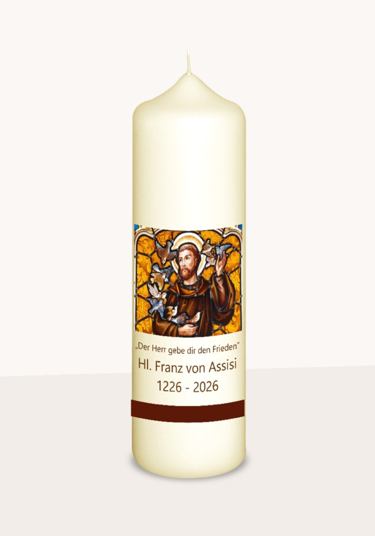 Franz von Assisi - Motivkerze "800 Jahre" mit Vögeln 3430