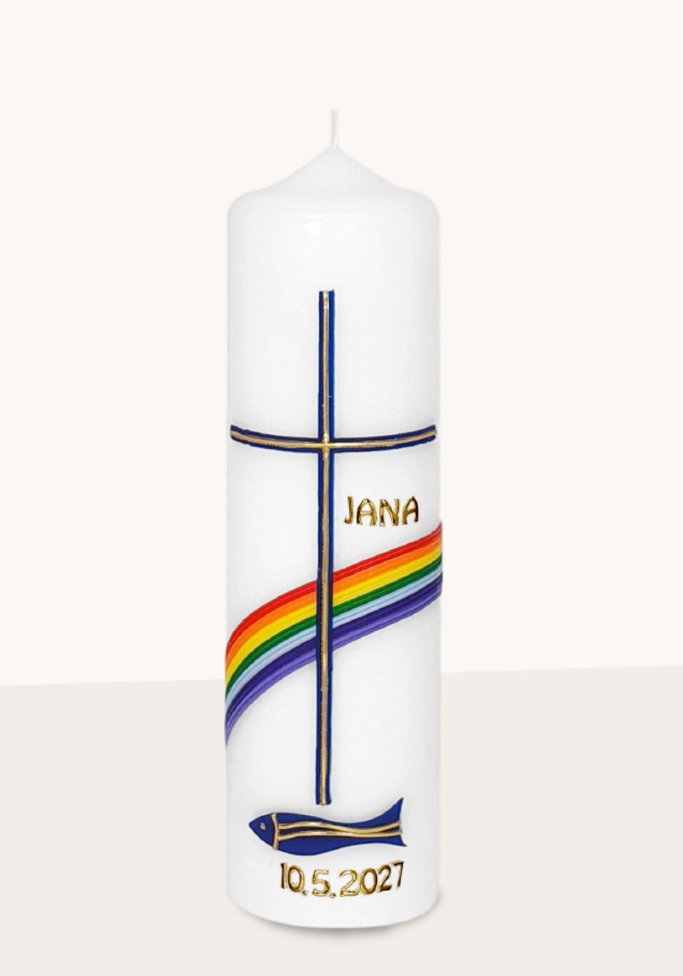 Tischkerze "Regenbogen mit Kreuz und Fisch" 5002