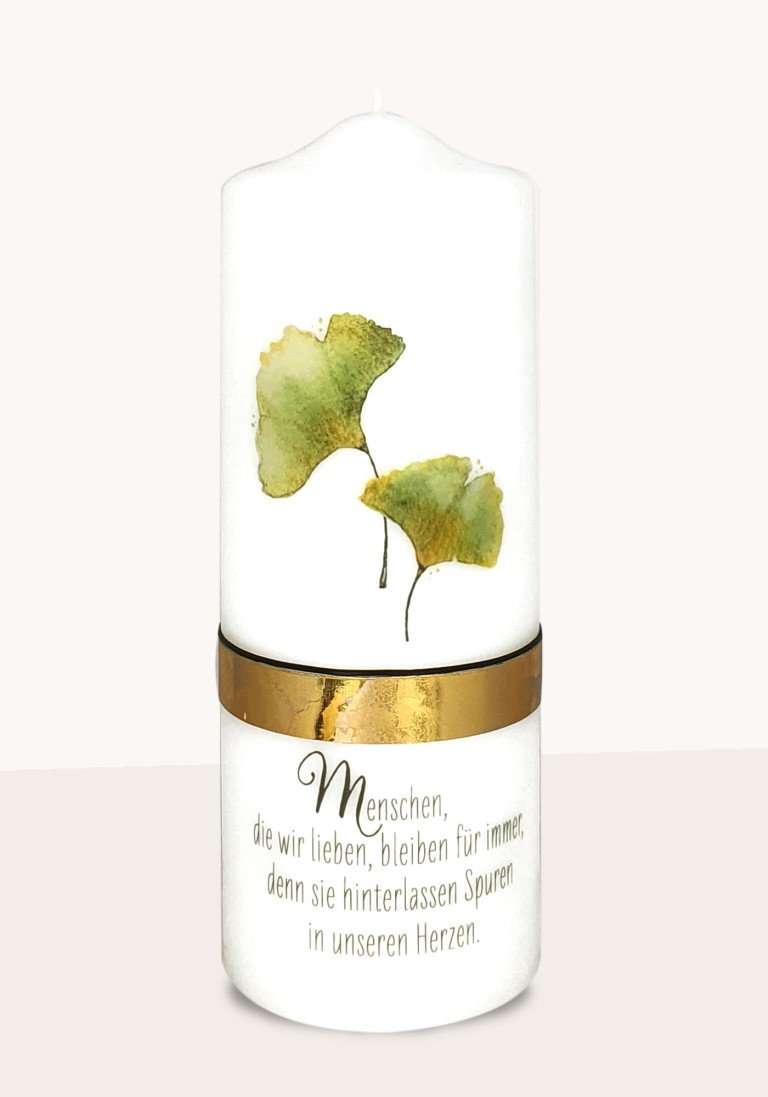 Trauerkerze "Gingkoblatt" und Spruch 6642