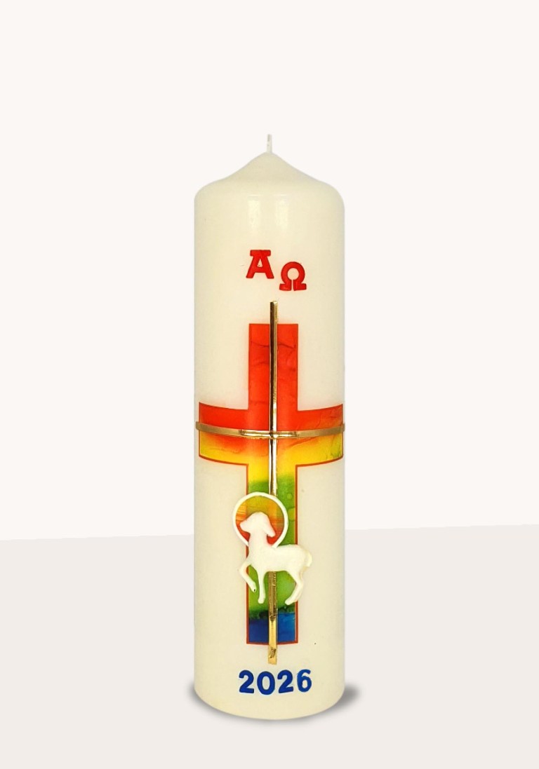Ostertischkerze "Regenbogenkreuz, Lamm"
