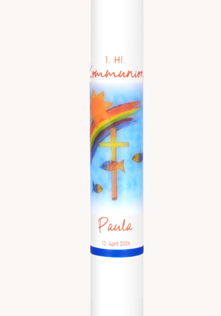 Kommunionkerze "Regenbogen, Fische und Kreuz" mit Wachs-Abschlussband