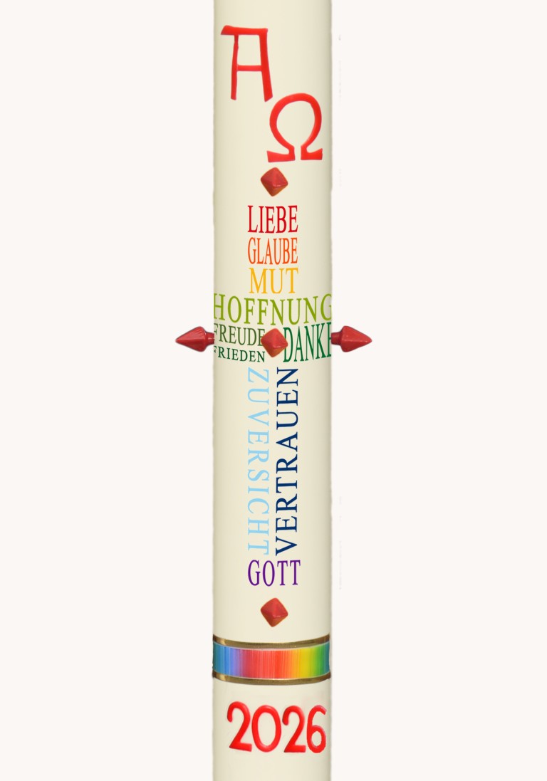 Osterkerze "Liebe, Glaube, Mut, Regenbogenabschlussband" 3513